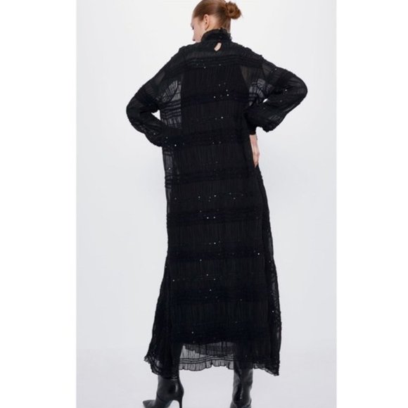 ZARA BLACK RUCHED SEQUIN HIGH NECK LONG SLEEVE MAXI DRESS S NWT - Picture 12 of 13